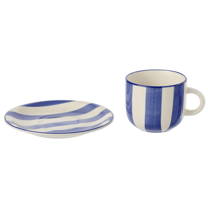 J-Line Tasse + Sous-tasse Ligné - céramique - bleu/blanc - 6 pièces