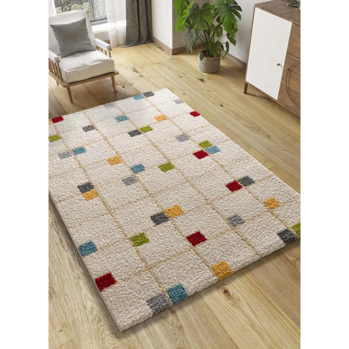 BREMEN Alfombra shaggy geométrica en blanco y motivos multicolor, varias medidas disponibles