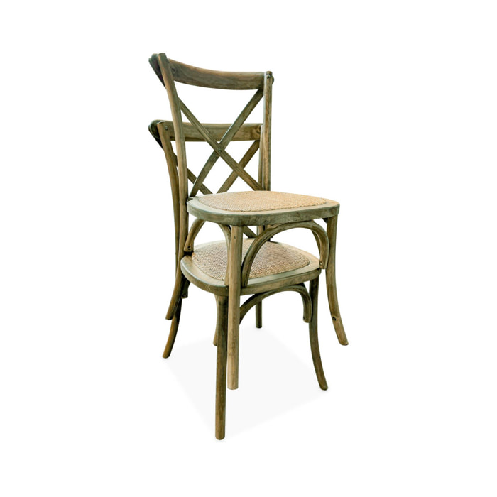 Lot de 4 chaises de bistrot en bois d'hévéa marron vieilli. vintage. assise en rotin. empilables