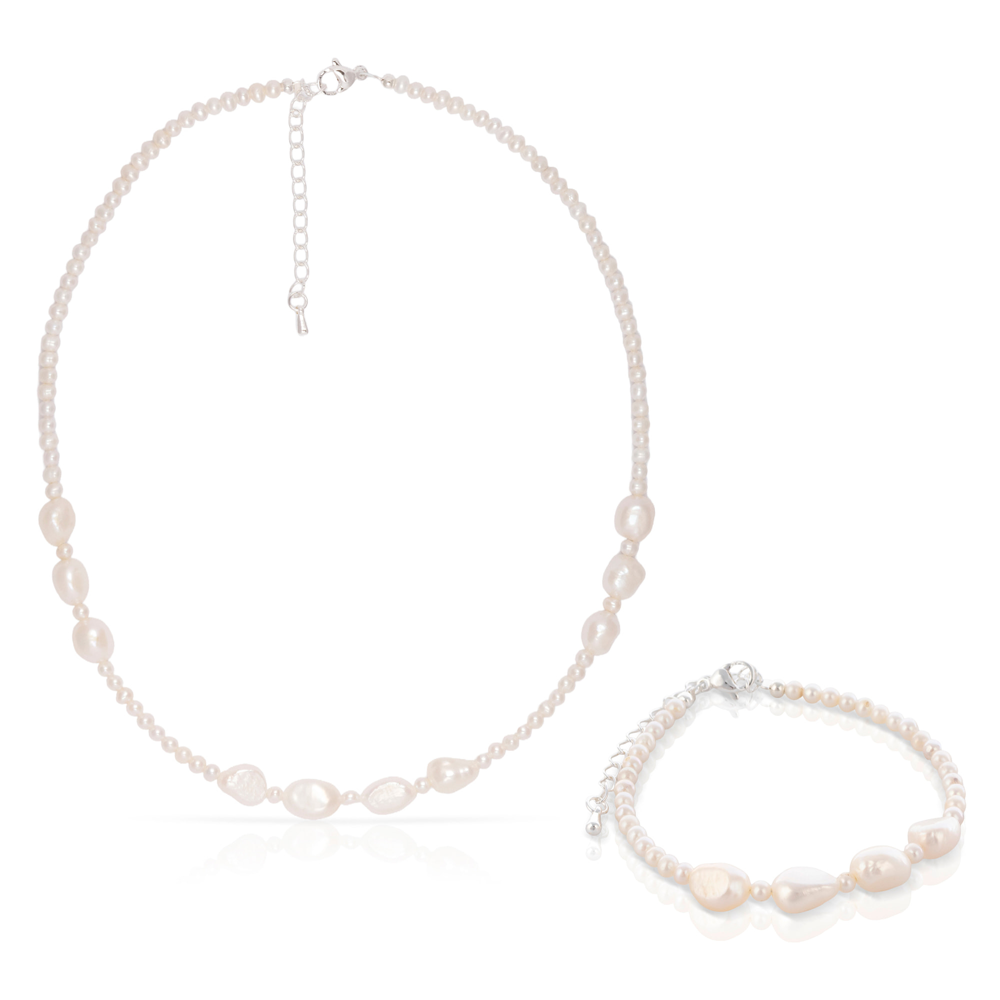 Abundantia Set de pulsera y collar a juego de perlas naturales de distintos tamaños.