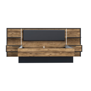 Lit 160x200 cm tête de lit et chevet décor épicéa et noir - YAL