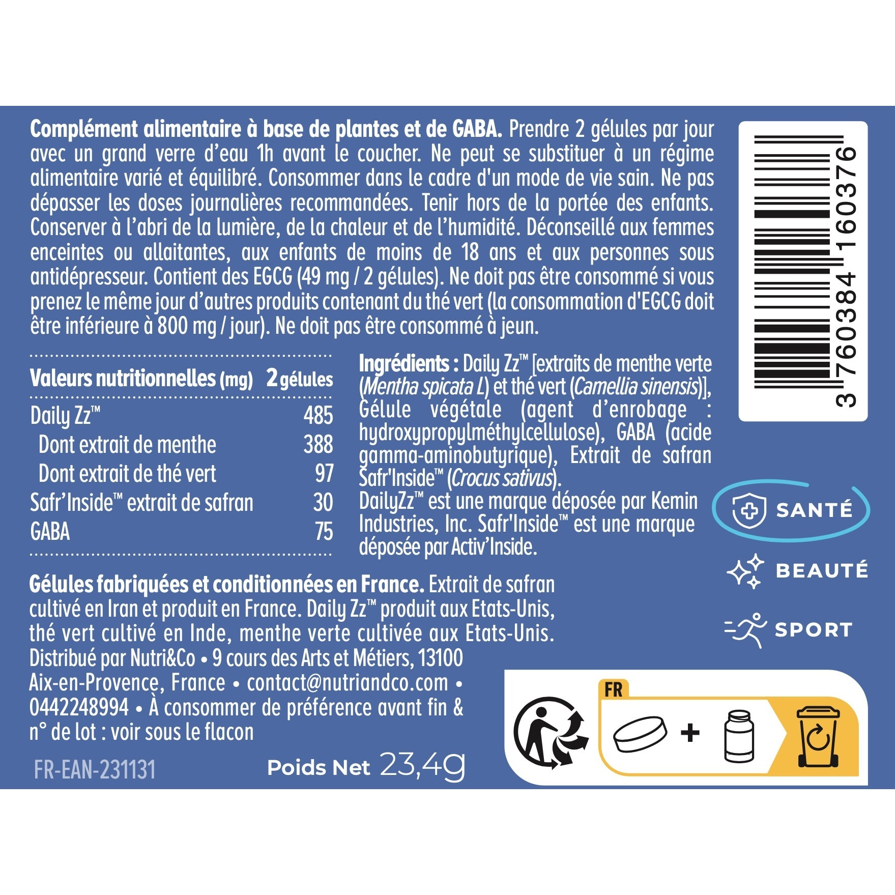Nutri&Co Formule Sommeil - Aide Endormissement & Réduit le Stress - 60 gélules
