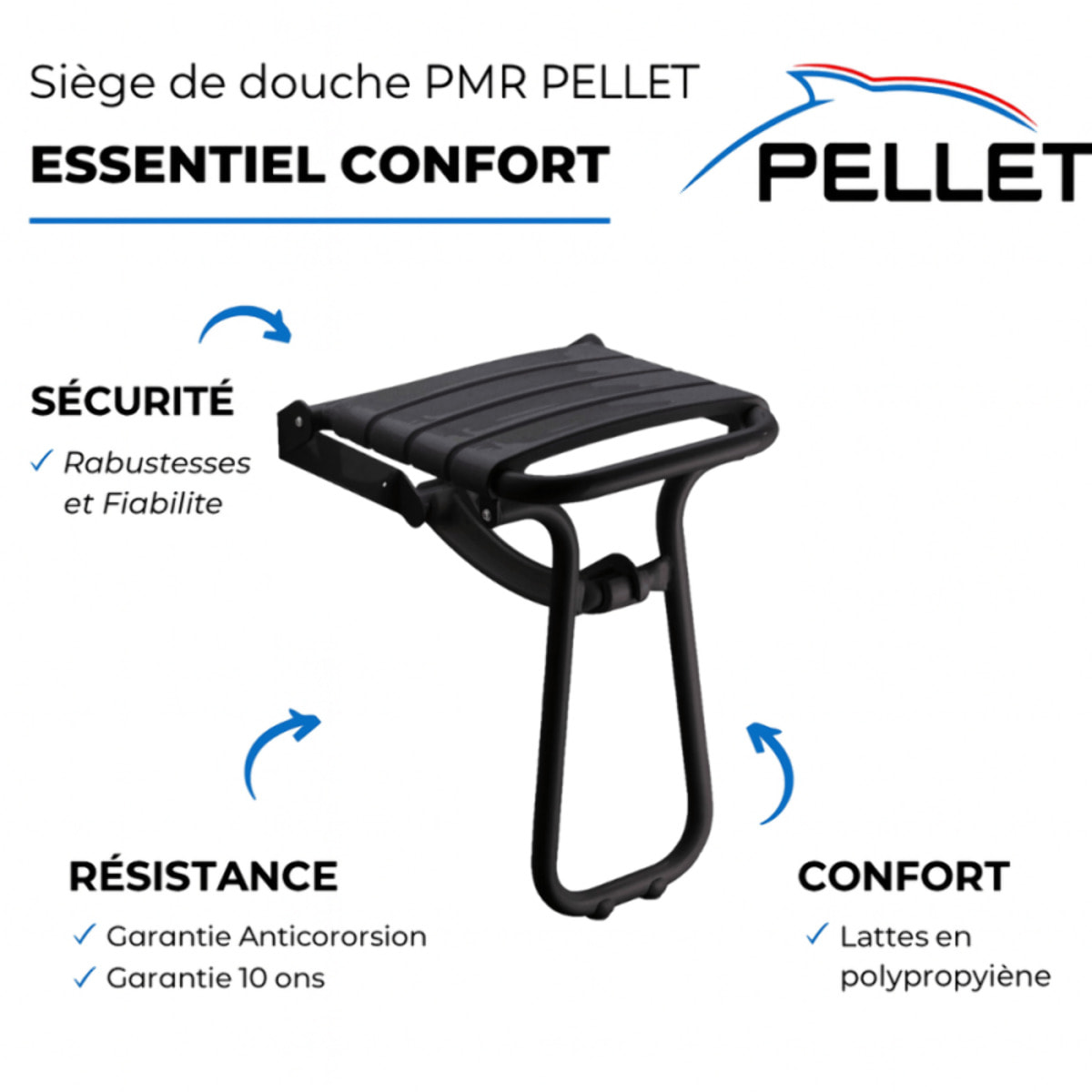 Pack avec siège de douche PMR PELLET escamotable noir mat + 2 barres d'appui 42,5 cm