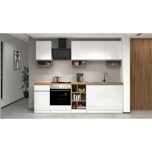 Cucina completa Dcelient, Cucina pratica e salvaspazio, Parete da cucina con 7 ante e 1 cassetto, 100% Made in Italy, 255x60h85 cm, Bianco lucido e Rovere