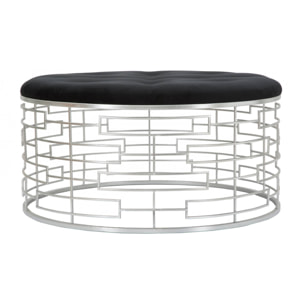 Pouf rotondo, struttura in metallo, rivestimento in velluto, colore argento, Misure 91,5 x 47 x 91,5 cm