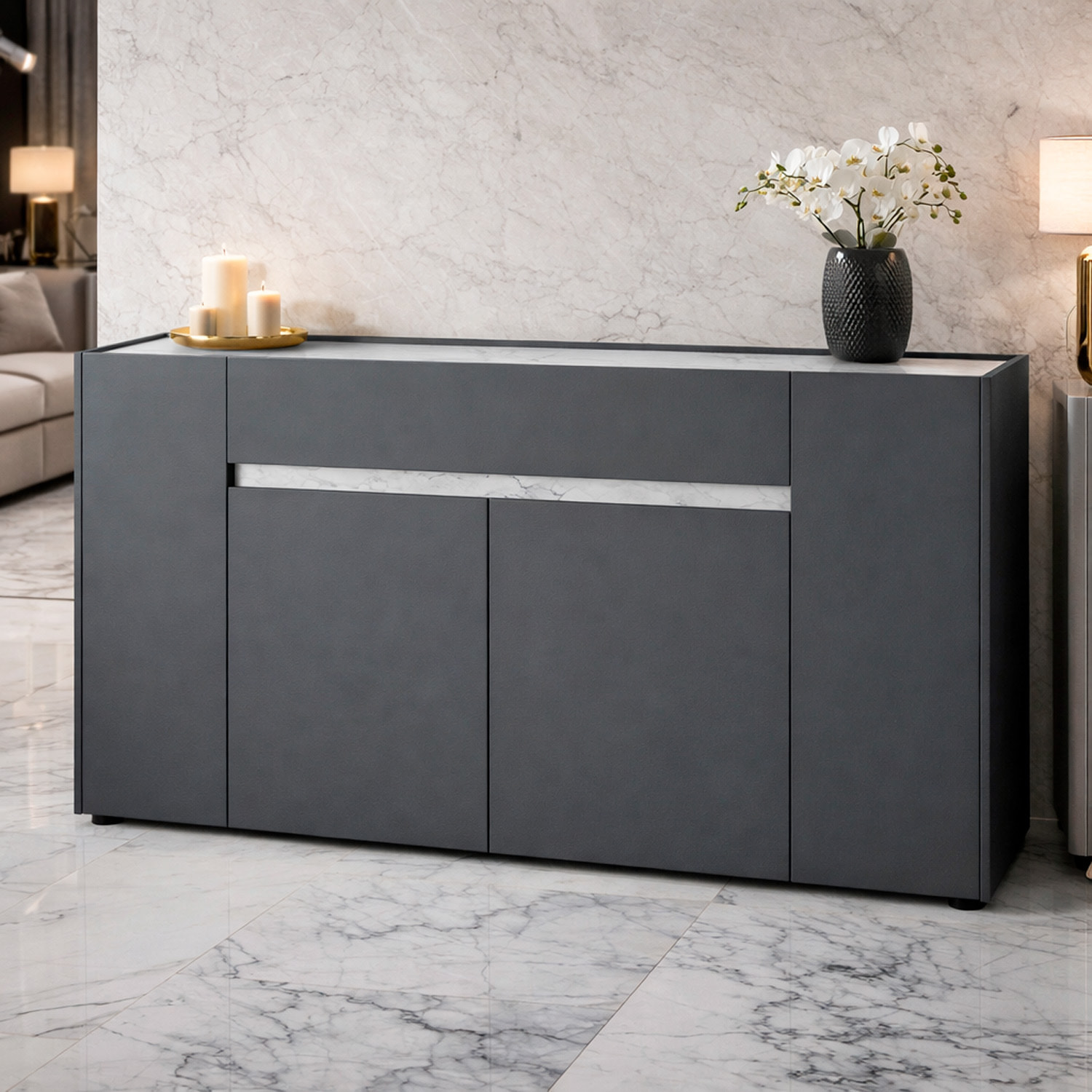 Credenza Moderna Madia Con 4 Ante E 1 Cassetto Mobile Contenitore Sala da Pranzo Soggiorno 170 x 85 x 40 cm Grafite Effetto Marmo