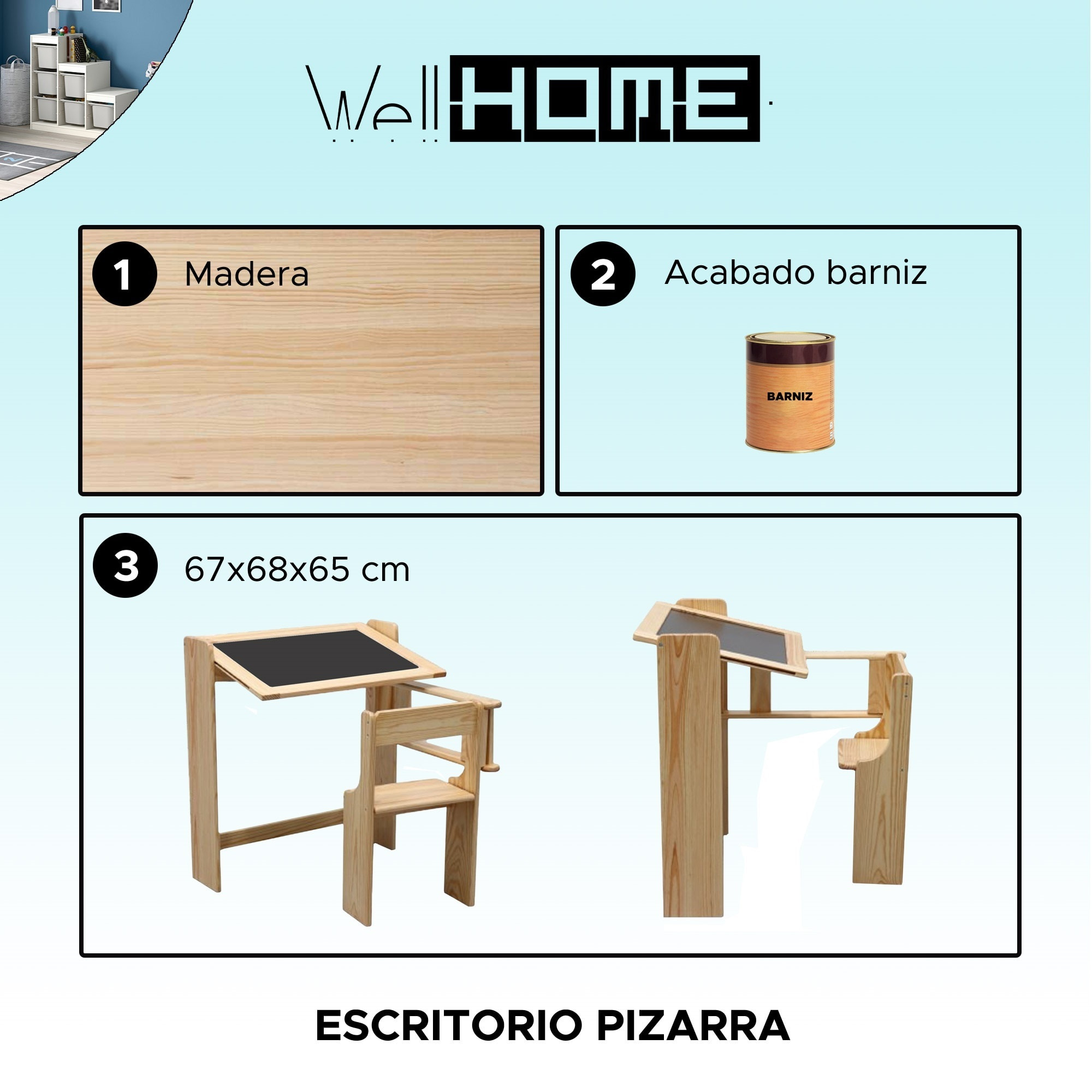 Pupitre pizarra infantil plegable en barniz