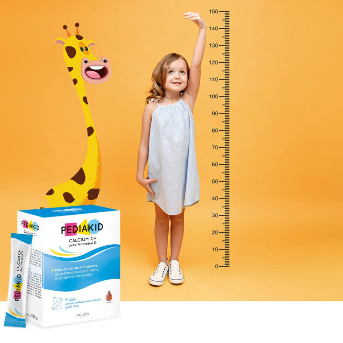PEDIAKID - Calcium C+ et Vitamine D - Complément Alimentaire Naturel - Couvre 100% des AJR en Calcium - Maintien du Capital Osseux et Dentaire - Goût Cola - 14 Sticks de Poudre Orodispersible