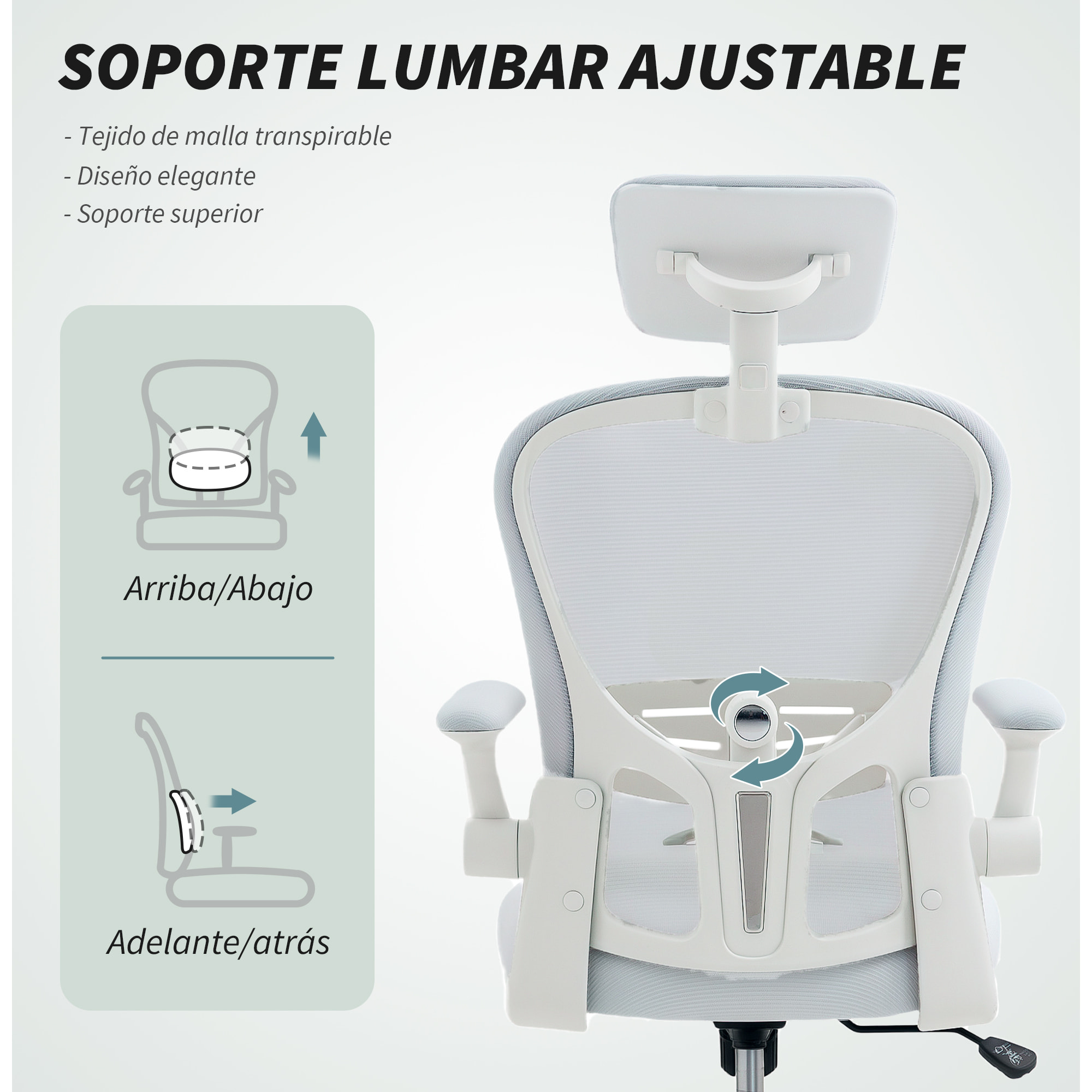 Silla de Oficina de Malla, Silla de Escritorio Giratoria con Función Basculante, Respaldo Alto, Reposacabezas Ajustable, Soporte Lumbar 4D, Brazo Abatible, Altura Ajustable, Blanco