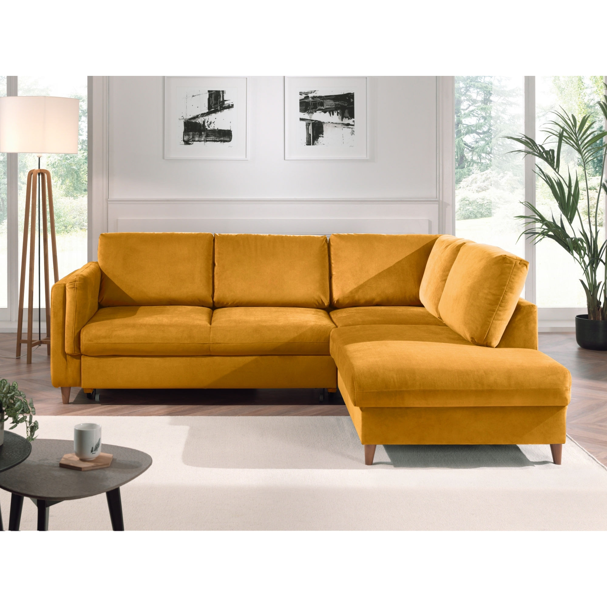 Brooke - canapé d'angle droit - convertible - 5 places - en velours - Jaune