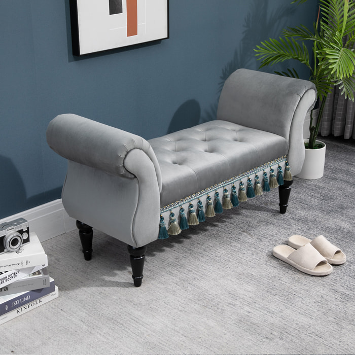 Banc banquette capitonnée design accoudoirs courbés pompons pieds bois hévéa revêtement velours gris