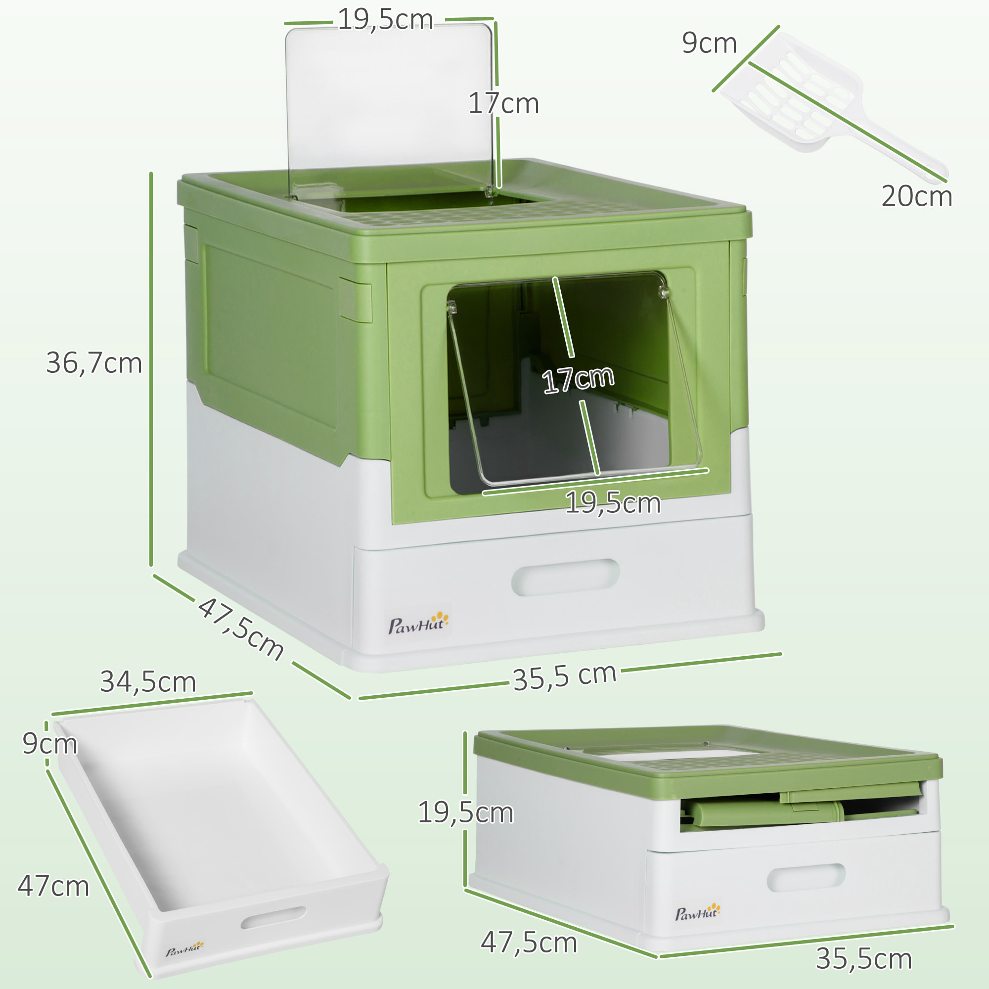Arenero Cubierto para Gatos Bandeja Higiénica Desmontable con Entrada Frontal y Salida Superior con Pala Incluida para Gatos de hasta 5kg 47,5x35,5x36,7 cm Verde Aguacate y Blanco