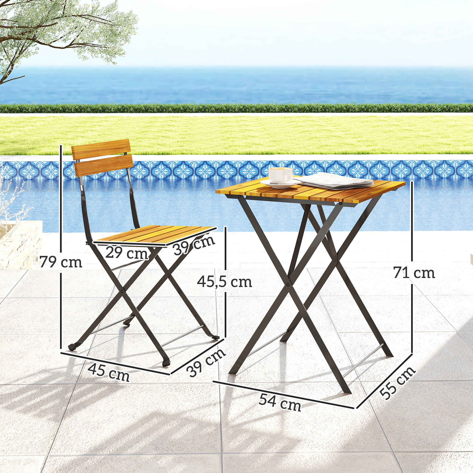 Ensemble bistrot de jardin 3 pièces pliables style exotique acier noir lattes bois acacia verni