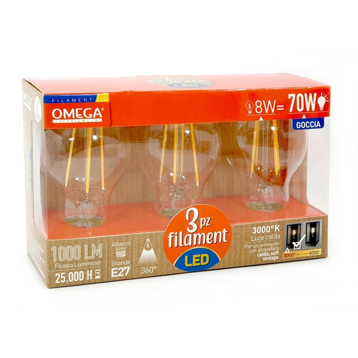 OMEGA Set 3 Pezzi Goccia Filament LED A60 8W