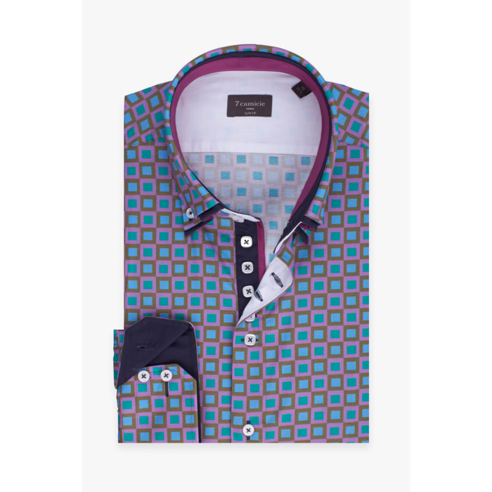 Camicia Uomo 2 Bottoni Button Down 7bottoni Doppio Coll Popeline Stampato Viola Ciclamino Verde Tiffany