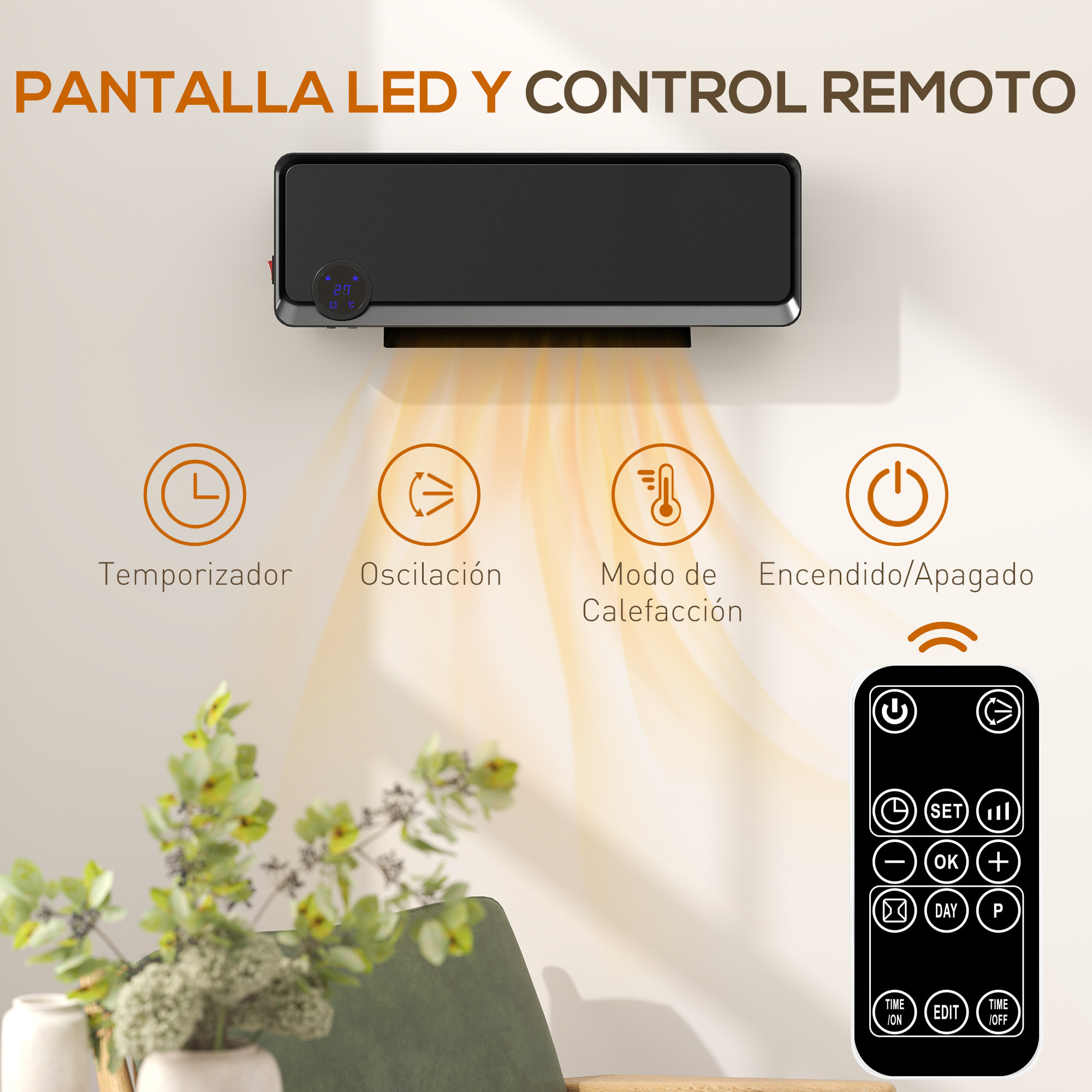 Calefactor Eléctrico Bajo Consumo, 1000W/2000W, Calefactor de Baño de Pared con Función de Oscilación, Pantalla LED, IPX2, Protección Sobrecalentamiento, Temporizador, Mando a Distancia, Negro