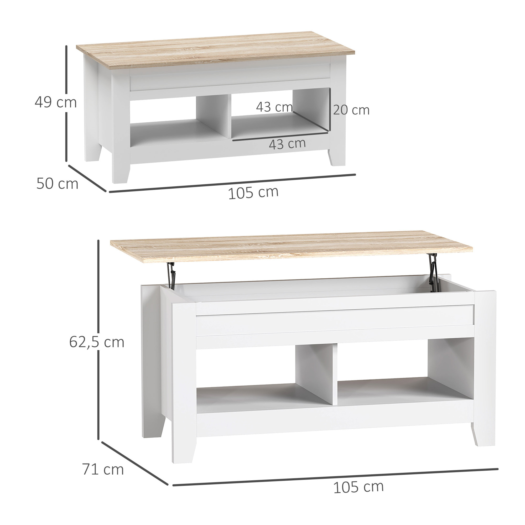 Table basse rectangulaire plateau relevable 2 niches et coffre panneaux particules blanc aspect bois clair