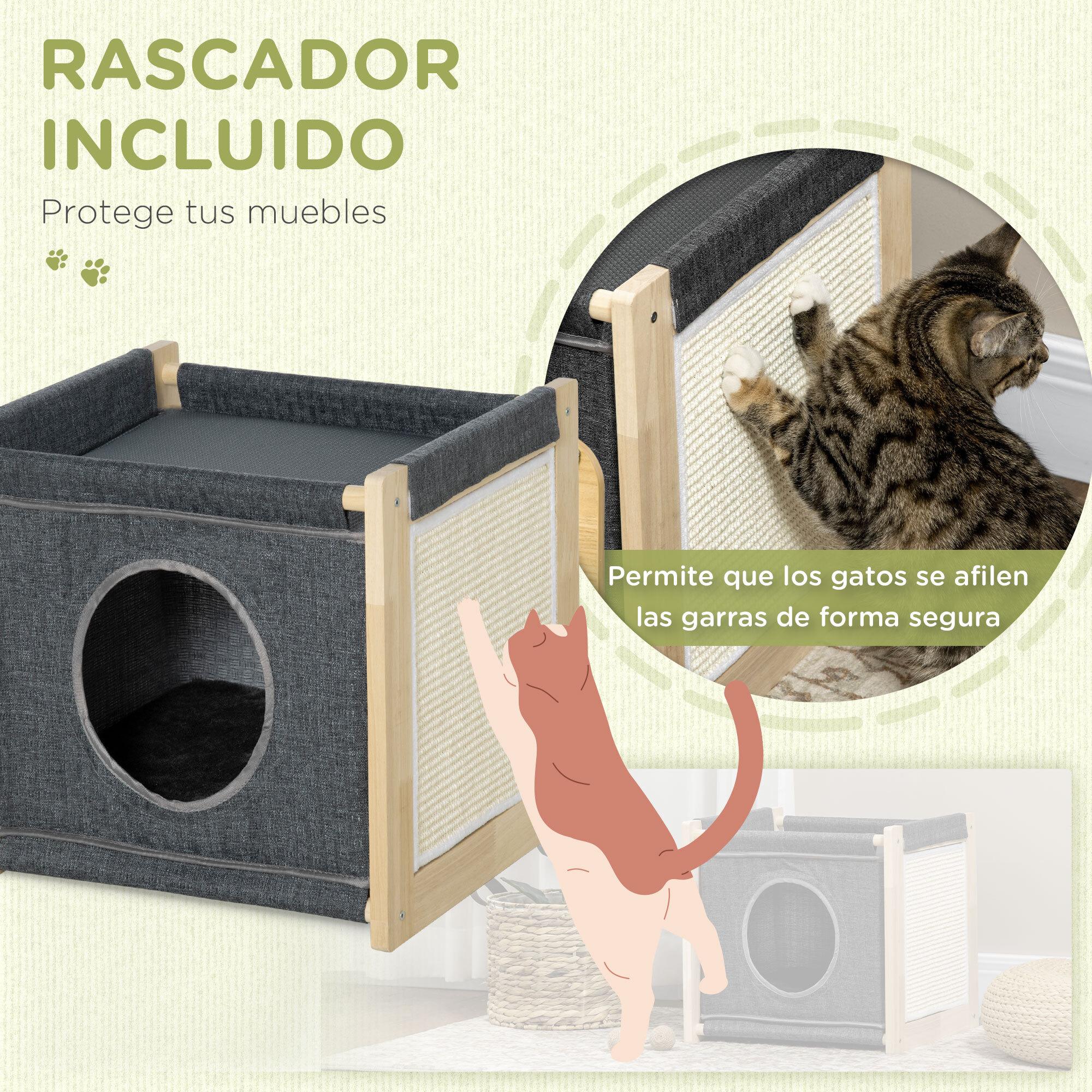 PawHut Cama Cueva para Gatos Casa para Gatos de Interior con Cojín Extraíble y Lavable Rascador de Sisal y Marco de Madera 40x40x40,5 cm Gris