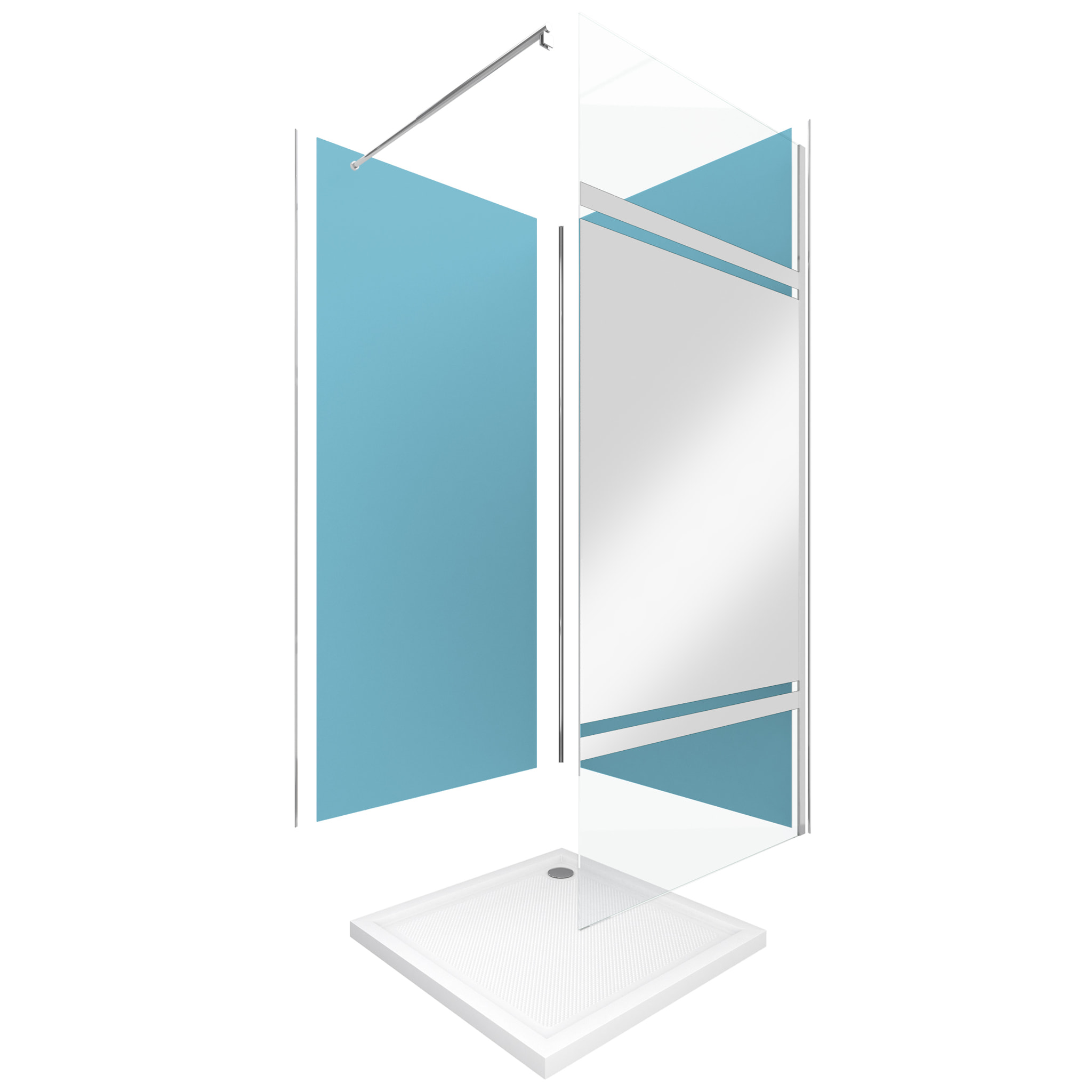 Pack Douche a l'Italienne 90x90 - Kit Panneaux Muraux Bleu/Chrome + Receveur + Paroi Miroir 8 mm