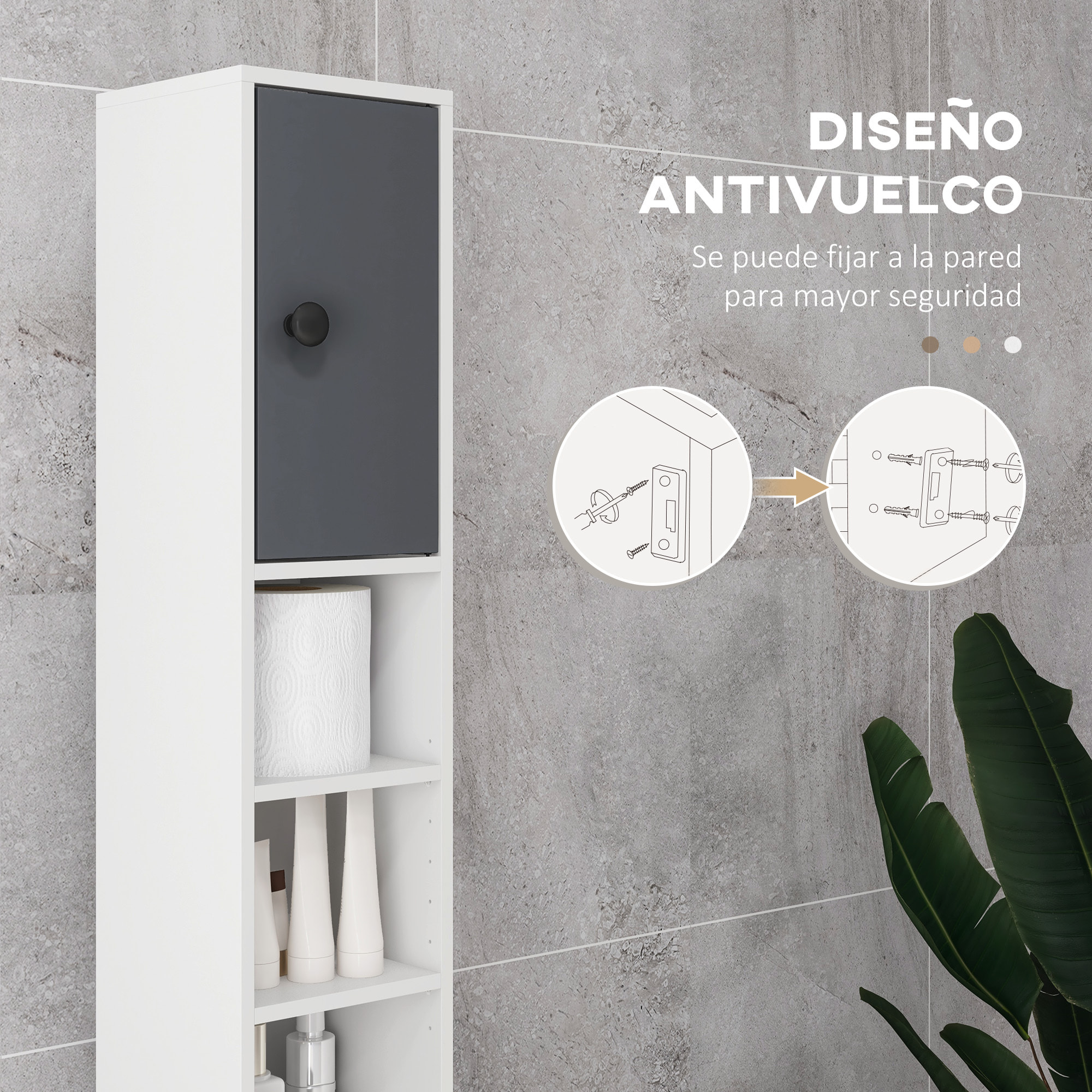 Columna de Baño Moderna Armario Alto de Baño con 1 Cajón 5 Estantes Ajustables y 2 Puertas Mueble de Baño Carga 30 kg 20x20x180 cm Gris
