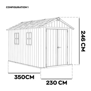 Newton + 7511/1175 - Casetta da Giardino 350x246x230 cm 2 Ante per deposito attrezzi finitura effetto legno Evotech+ in Resina Marrone e Nero