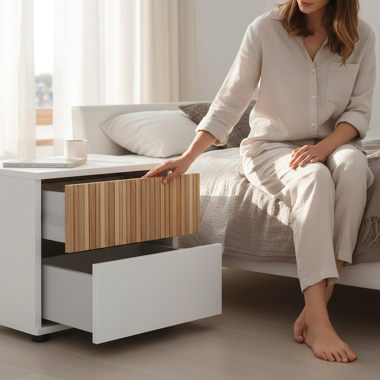 Comodino Con 2 Cassetti Stile Nordico Mobiletto Per Camera Da Letto Moderna Mobile Design Scandinavo Salvaspazio 50 x 41.5 x 34 Cm Bianco E Rovere