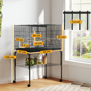 Jaula para Pájaros con Divisor Jaula con Ruedas para Mascota Aves Loros Canarios Pajarera con Comederos Perchas y Bandeja Extraíble 94x57x128 cm Negro