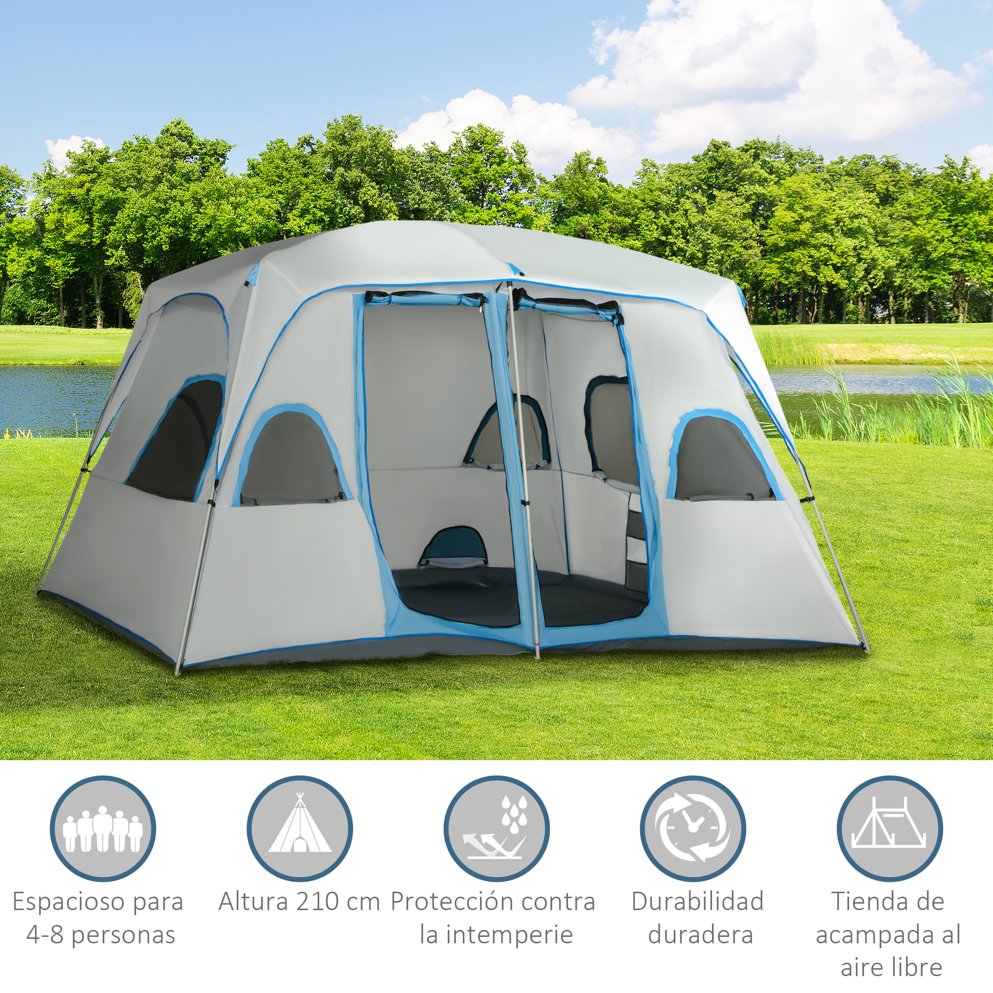 Tienda de Campaña Familiar para 4-8 Personas con 2 Dormitorios Tienda de Camping Grande con 2 Bolsillos y Ventanas con Malla Impermeable 400x275x210 cm Gris y Azul Claro
