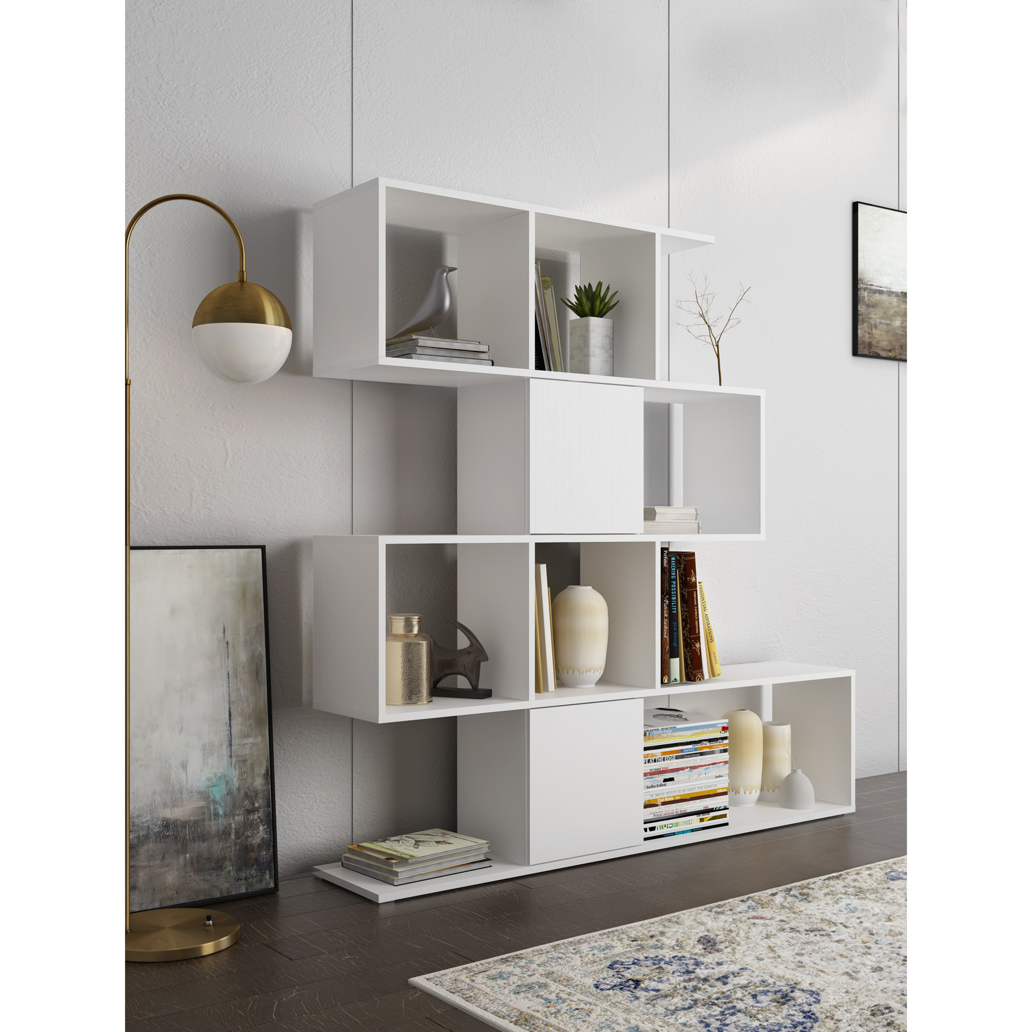 Libreria Moderna Asimmetrica Porta Libri Mensole Ripiani Design Bifacciale Con Vani Aperti e Chiusi Soggiorno Salotto 145 x 27,8 x 142 Cm Bianco