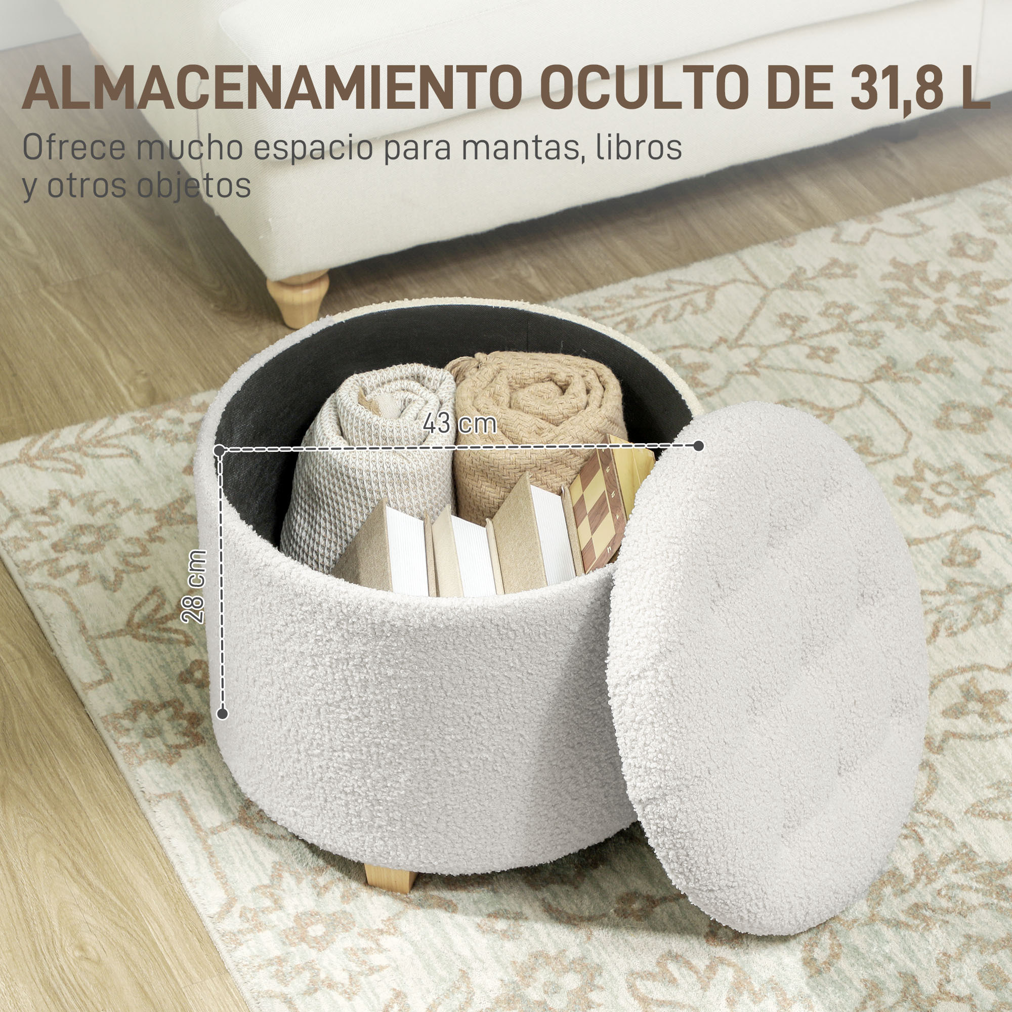 Puff Almacenaje, Baúl de Almacenaje Redondo 40,5L, 45x45x41 cm, Tapizado en Borreguillo, Taburete Reposapiés con Patas de Madera, Asiento Acolchado, para Salón, Dormitorio, Entrada, Blanco
