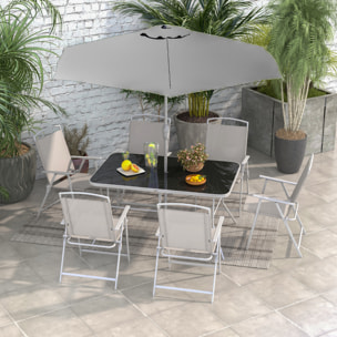 Ensemble salon de jardin 6 places 8 pièces - parasol, table, 6 chaises pliantes - métal époxy textilène polyester gris