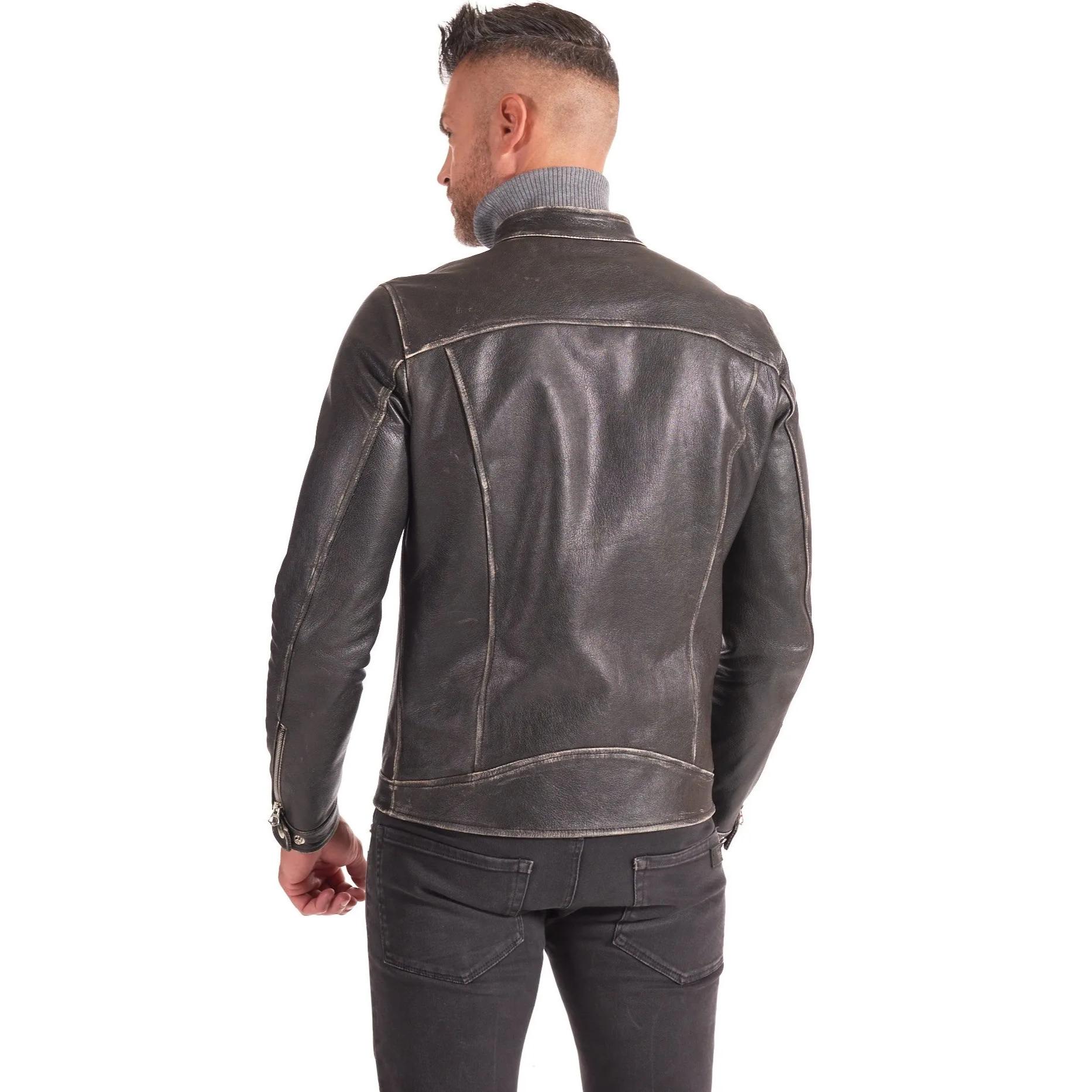 Giacca biker in pelle nera vintage effetto invecchiato