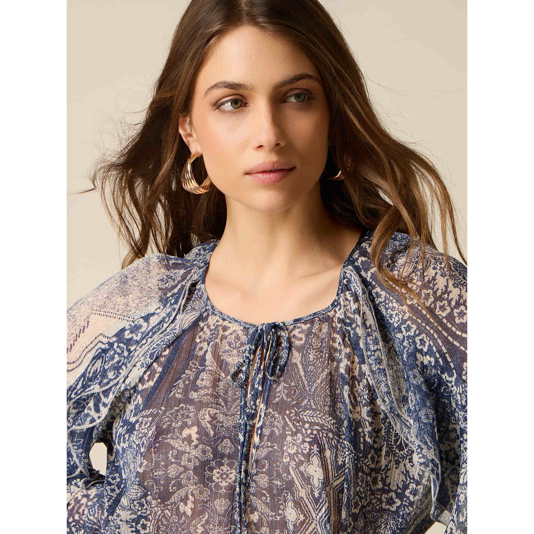 Oltre - Blusa fantasia con volant - Blu