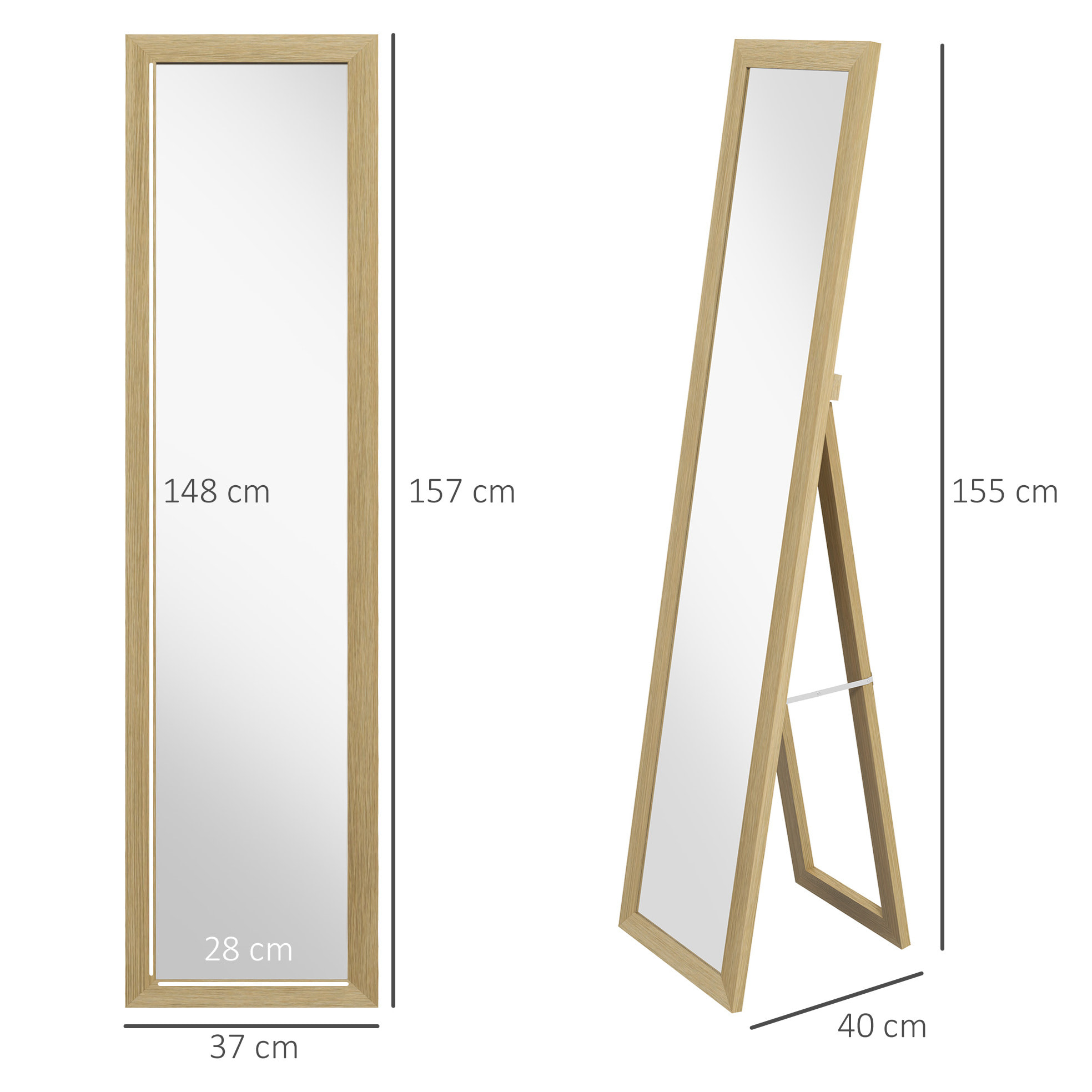 Espejo de Cuerpo Entero 37x155 cm Espejo de Pie Espejo de Pared Forma Rectangular con Marco de Madera Decorativo para Salón Dormitorio Pasillo Roble