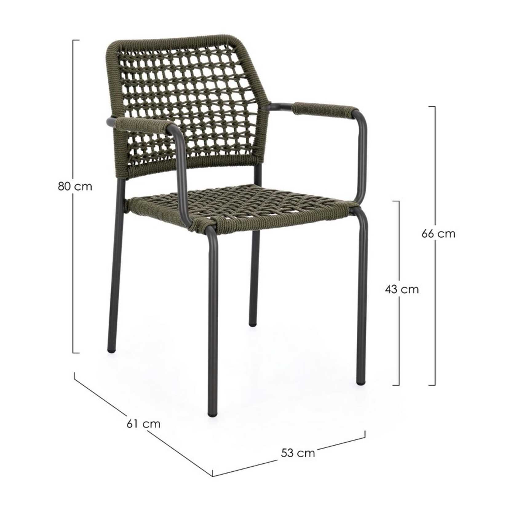 Set di 4 sedie con braccioli MIRANDA in alluminio antracite e corda verde, impilabili