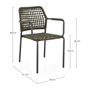 Set di 4 sedie con braccioli MIRANDA in alluminio antracite e corda verde, impilabili