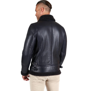 Montone blu Shearling biker uomo collo camicia con fibbia