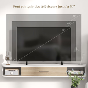 Meuble TV mural banc TV design flottant - 2 niches, porte abattante - dim. 120L x 26l x 16H cm - blanc aspect chêne clair