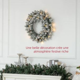 Couronne de Noël artificielle LED 60 cm - pommes de pin, baies rouges, 50 LED blanc - effet enneigé