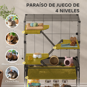 Jaula para Animales Pequeños de 4 Niveles con Ruedas Jaula para Roedores con Bandeja Profunda Rampas Plataformas Comedero y Bebedero Recinto para Chinchillas Hurones Hámster 73x47x123 cm Negro