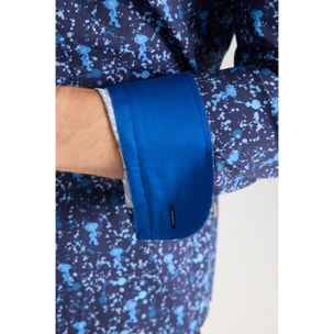 Camicia Uomo 1 Bottoni Button Down Slim Popeline Stretch Stampato Blu/Blu Avion