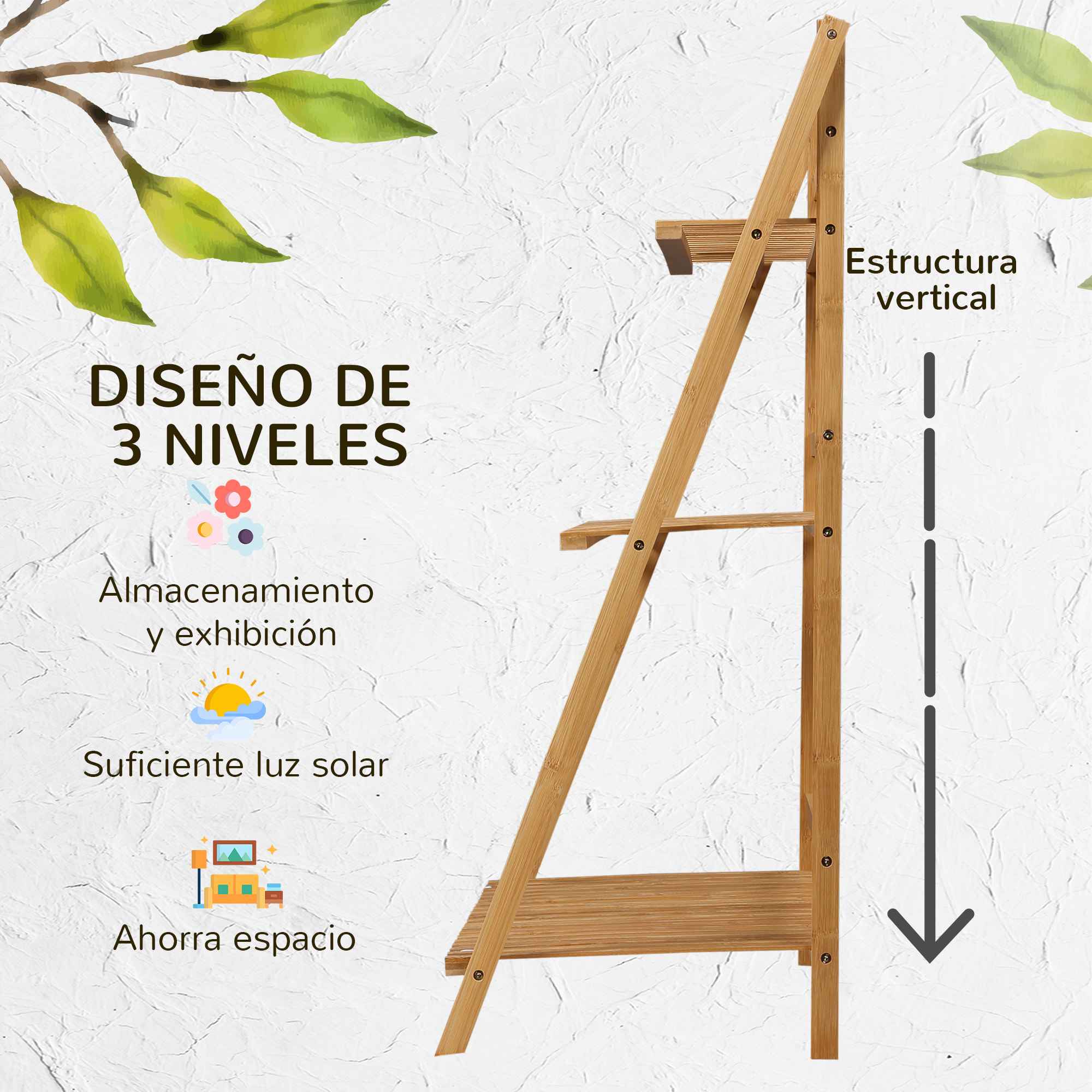 Estantería para Plantas de 3 Niveles de Bambú Plegable 98x37x96,5 cm Natural