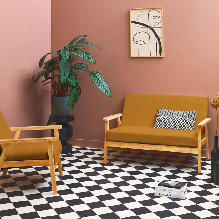 Canapé banquette 2 places + Fauteuil velours côtelé. pieds bois. moutarde