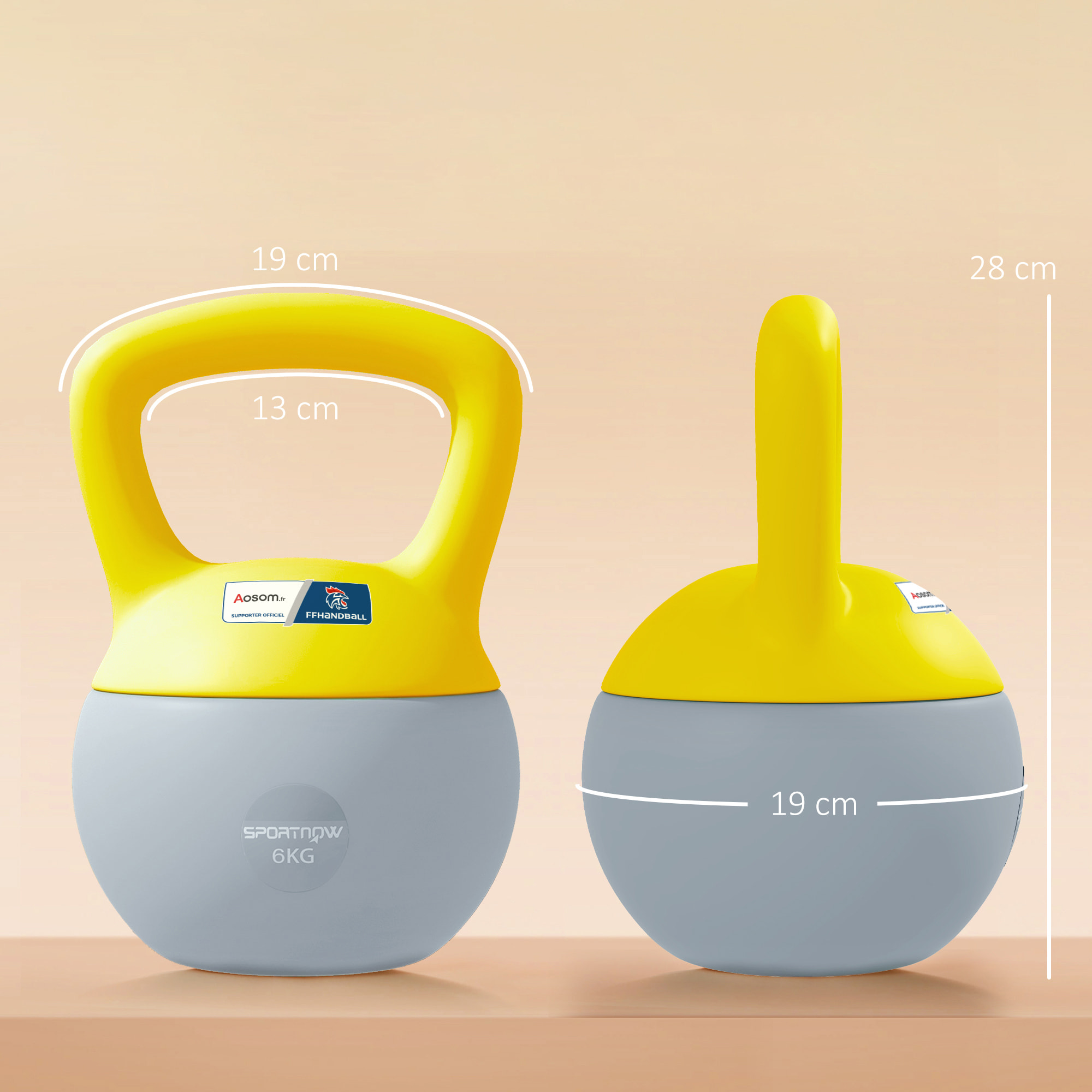 Kettlebell 6 Kg collaboration Aosom.fr x FFHandball - prise ergonomique - PVC gris jaune