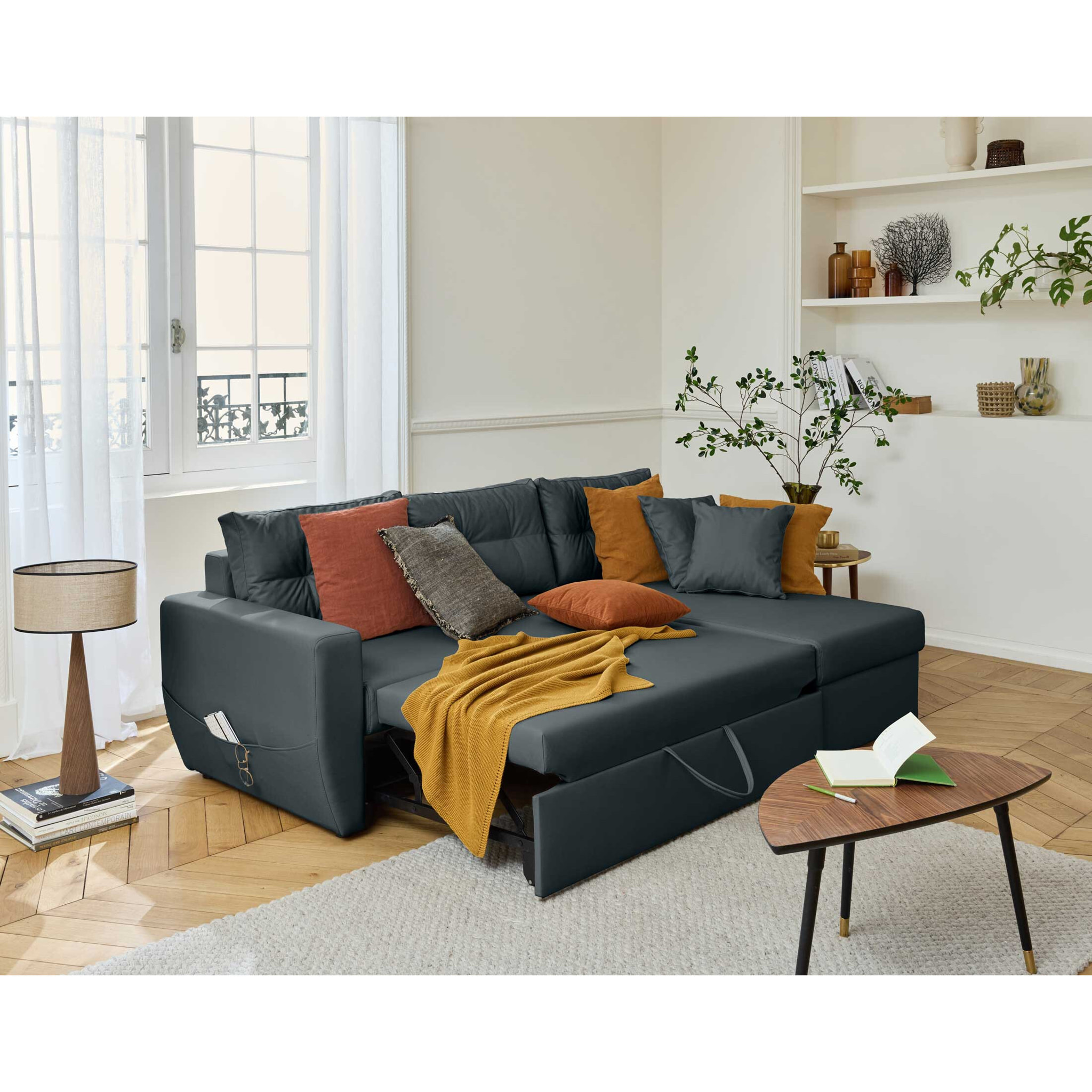Astoria - canapé d'angle réversible 4 places - convertible avec coffre - en simili - Gris Anthracite