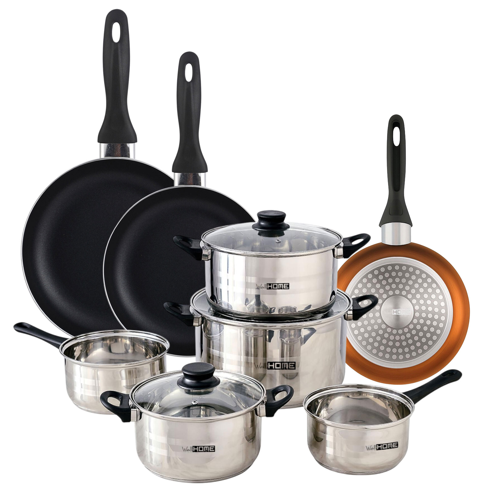 set de batería de cocina de 8pc en acero inoxidable + 3 sartenes ø16ø20ø24cm bronce metalizado en aluminio prensado