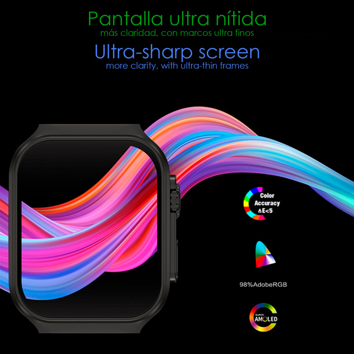 Smartwatch OP88. Pantalla curva AMOLED de 1.95 px, con llamadas Bluetooth, monitor de salud, corona multifunción.