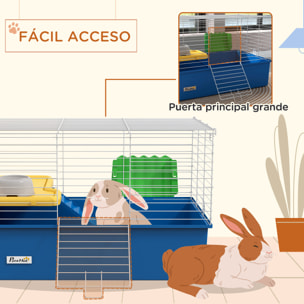 Jaula para Hurones con Bandeja Inferior Jaula para Animales Pequeños con Plataforma con Rampa Comedero y Bebedero Recinto para Conejos Pequeños Chinchillas Cobayas 71x46x47 cm Blanco y Azul
