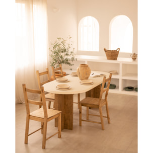 Mesa de comedor ovalada de microcemento en tono blanco roto con patas de madera tono roble oscuro de varias medidas