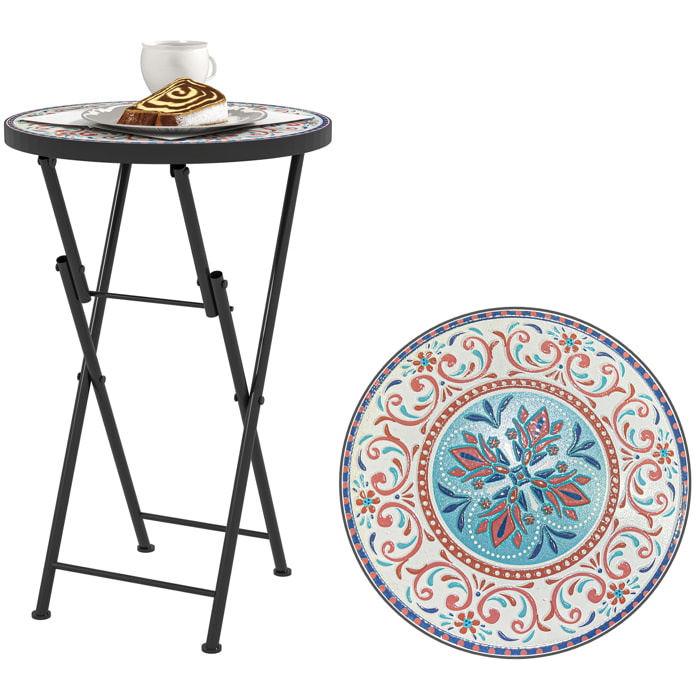 Mesa Auxiliar Redonda Mesa de Jardín Exterior Plegable con Encimera de Mosaico y Almohadillas Antideslizantes Mesa para Exterior Terraza Patio Ø35,5x55 cm Multicolor